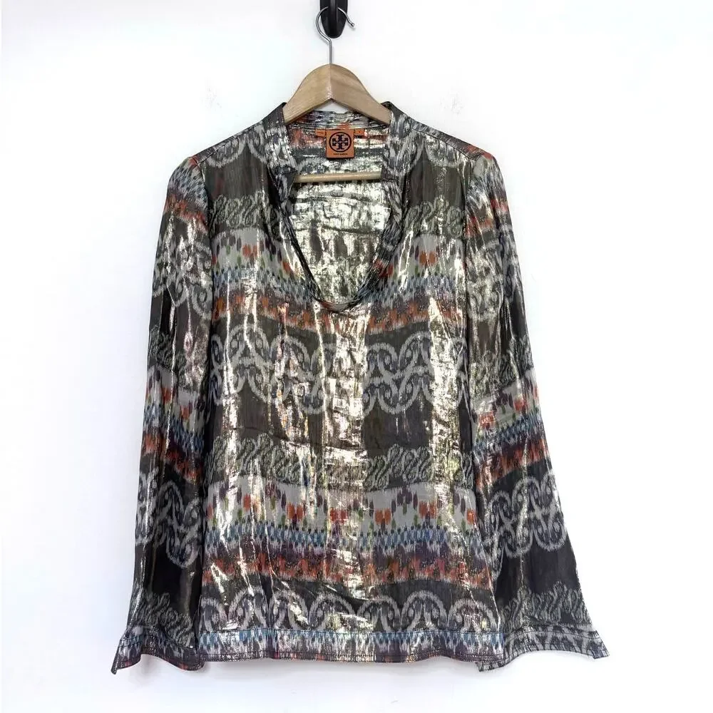TORY BURCH purple orange green aztec print metallic silk long sleeve top blouse